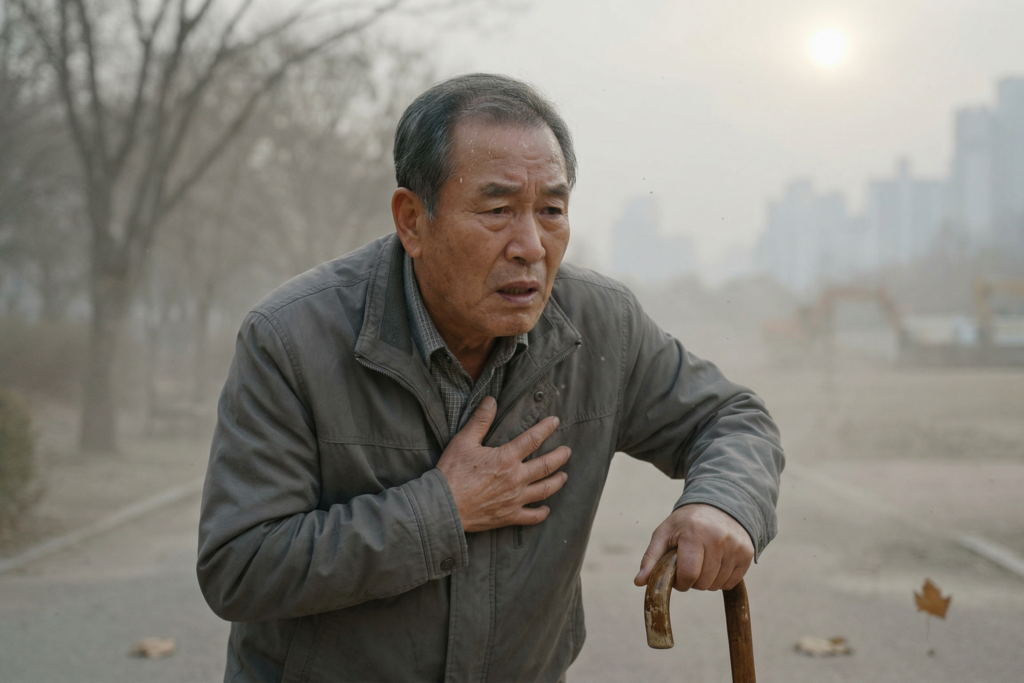 짙은 미세먼지와 스모그로 가득한 도심 공원에서 한 고령의 남성이 가슴을 부여잡고 고통스러운 표정으로 힘겹게 숨을 고르고 있는 모습