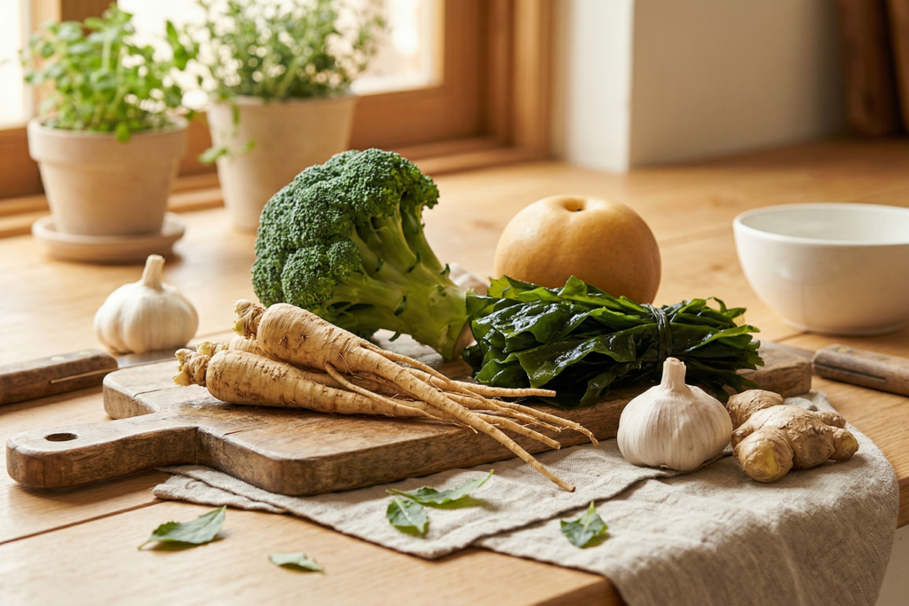 깨끗한 나무 도마 위에 신선한 도라지, 브로콜리, 미역, 배, 생강 등 호흡기 보호에 도움을 주는 식재료들이 자연스럽게 놓여 있는 주방의 풍경