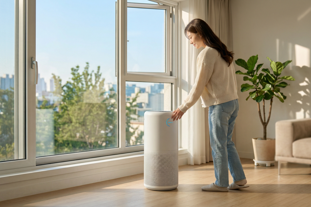실내 초미세먼지 완벽 차단을 위한 공기청정기 선택 기준과 올바른 환기 전략 1 부드러운 햇살이 비치는 깨끗하고 현대적인 거실 창가 옆에 배치된 세련된 공기청정기와 공기 순환을 위해 아주 살짝 열린 창문이 조화를 이루는 평화로운 풍경