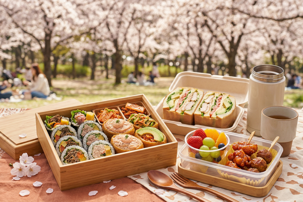 흐드러지게 피어난 벚꽃 나무 아래 원목 테이블 위로 정갈하게 담긴 김밥, 유부초밥, 색색의 과일 도시락과 따뜻한 차가 담긴 텀블러가 놓여 있는 평화로운 풍경