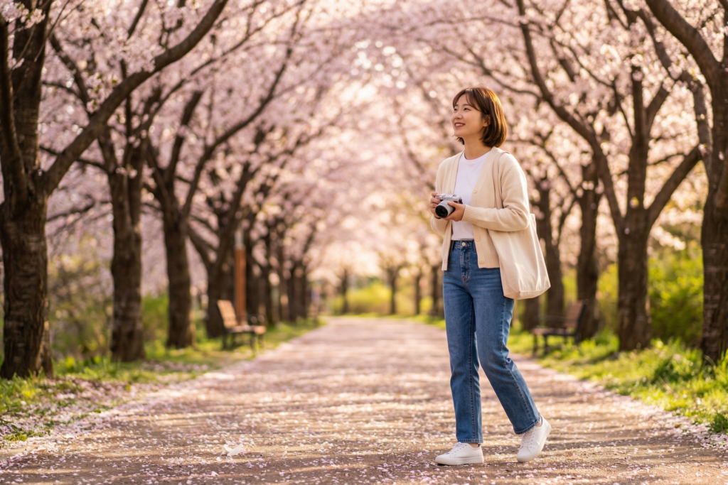 화사하게 피어난 벚꽃 나무 아래에서 파스텔 톤의 의상을 입은 여성이 자연스럽게 걸어가며 봄날의 정취를 만끽하는 평화롭고 따스한 풍경