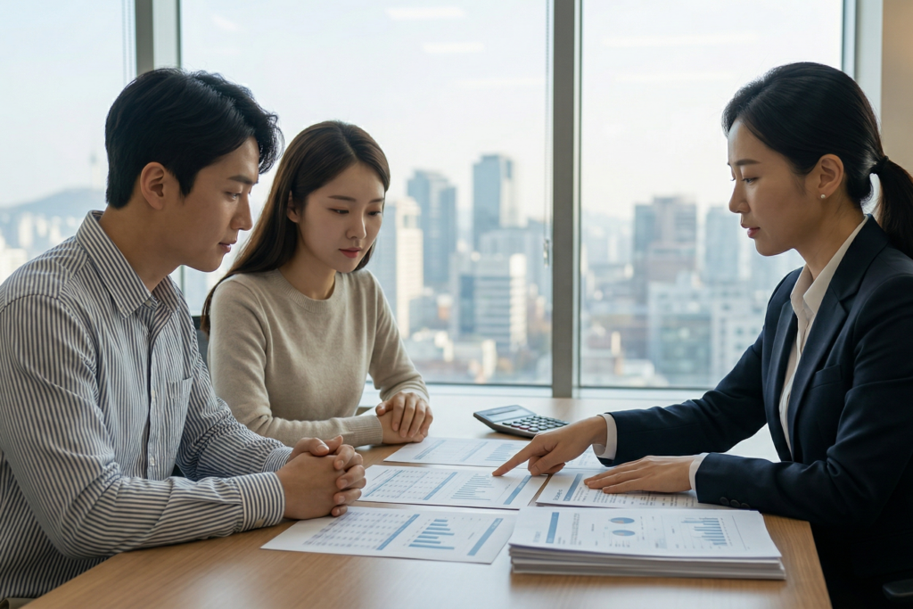 신뢰감 있는 분위기의 은행 상담 창구에서 금융 전문가가 대출 규제와 한도 계산이 적힌 서류를 바탕으로 고객에게 주택담보대출 전환 과정을 상세히 설명하는 실사 이미지