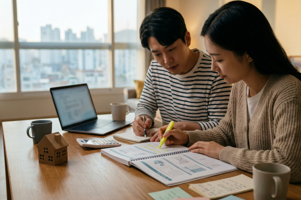 무주택 실수요자를 위한 내 집 마련 정책 금융 상품 완벽 가이드 1 신뢰감 있는 금융 상담실에서 전문가가 무주택 부부에게 디딤돌대출과 신생아 특례대출 등 정책 금융 상품의 조건이 적힌 안내서를 설명하는 실사 이미지