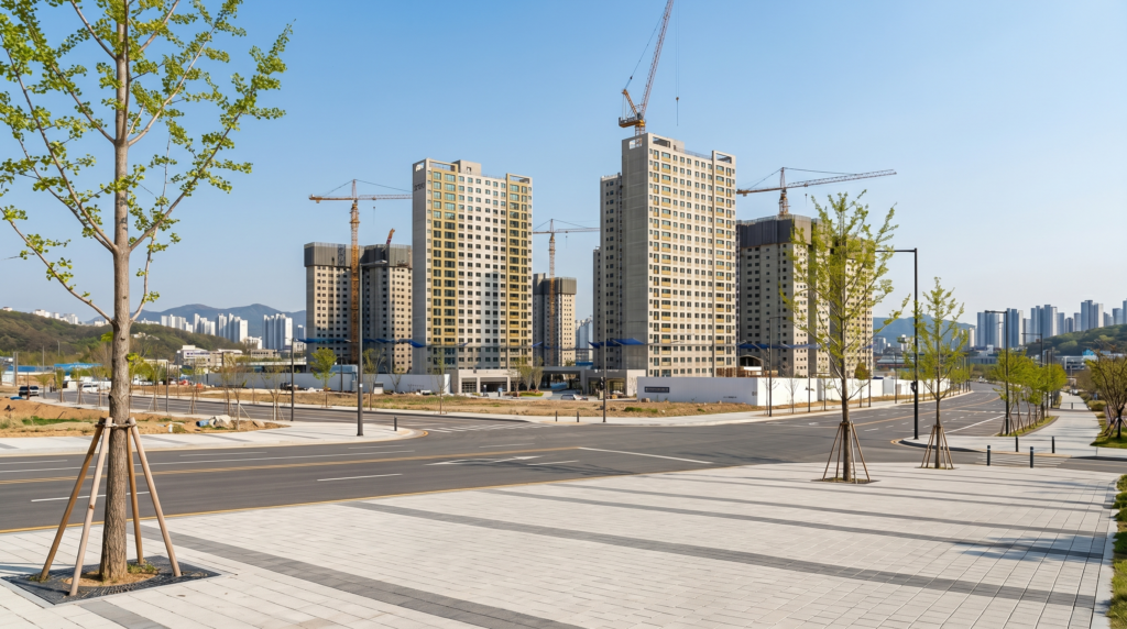 푸른 하늘 아래 여러 대의 크레인이 설치된 3기 신도시 아파트 건설 현장 전경. 넓게 뻗은 도로와 어린 가로수들이 조화를 이루며 현대적인 도시 개발 모습을 보여줌.