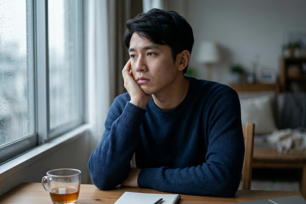 창가에 앉아 머리를 짚고 고민에 잠긴 사람의 모습과 차분한 실내 분위기가 어우러진 이미지