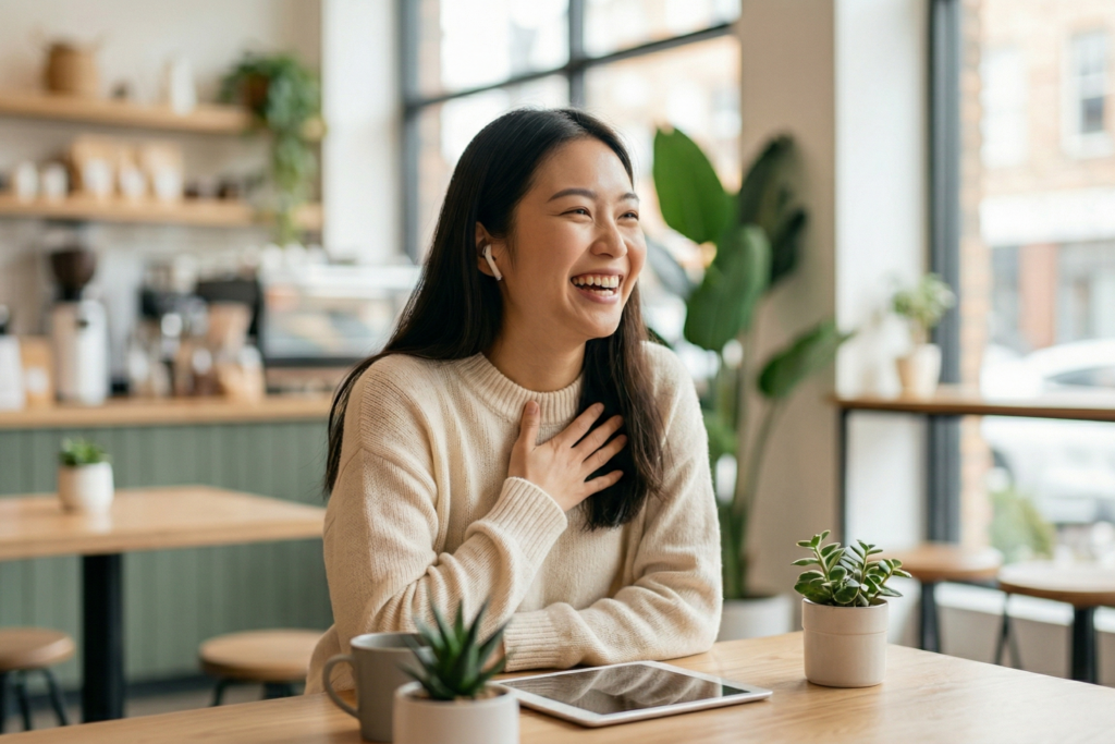 카페 창가에 앉아 시선을 옆으로 돌린 채 밝고 자연스러운 미소를 짓고 있는 동양인 여성의 모습