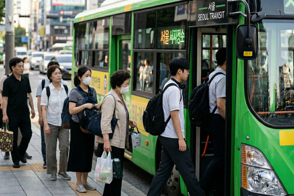 K-패스(K-Pass) 신청 방법과 환급률, 기후동행카드와 완벽 비교 1 서울의 분주한 거리 버스 정류장에서 사람들이 녹색 시내버스에 탑승하기 위해 줄을 서고 있습니다.