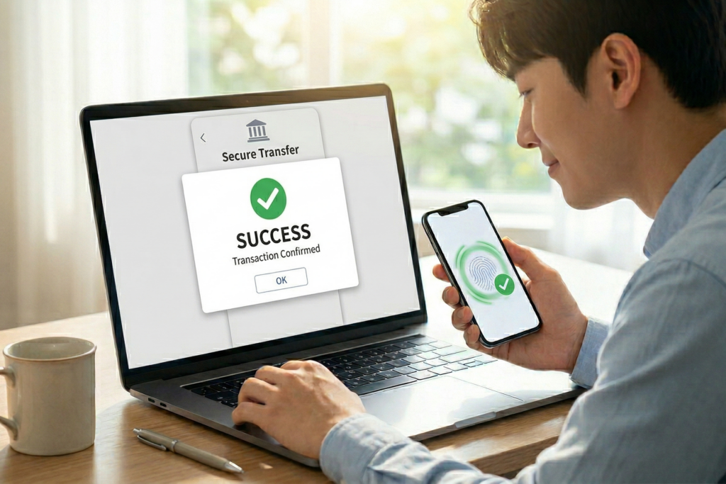 젊은 남성이 밝은 책상에 앉아 노트북과 스마트폰을 사용하여 안전한 송금을 성공적으로 완료했다. 노트북 화면에는 'SUCCESS' 및 'Transaction Confirmed' 팝업창이 떠 있고, 스마트폰에는 지문 인증 성공 표시가 보인다. 남성은 만족스러운 표정으로 화면을 바라보고 있다.