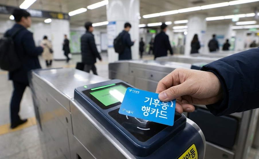 서울 지하철역 개찰구 단말기에 푸른색 기후동행카드를 접촉하여 태그하는 승객의 손을 가까이서 포착한 모습