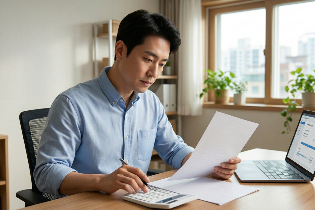서류와 계산기, 노트북을 활용해 업무를 보며 정당한 보상을 꼼꼼히 확인하는 한국인 남성 직장인의 모습