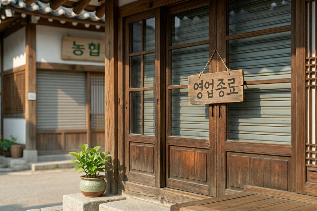 2026년 노동절 휴무 총정리: 은행, 병원, 관공서 어디가 쉬나? 1 전통 한옥 양식으로 지어진 상점 앞에 놓인 화분과 '영업종료'라고 쓰인 나무 팻말이 걸려 있는 한산한 모습의 실사 이미지