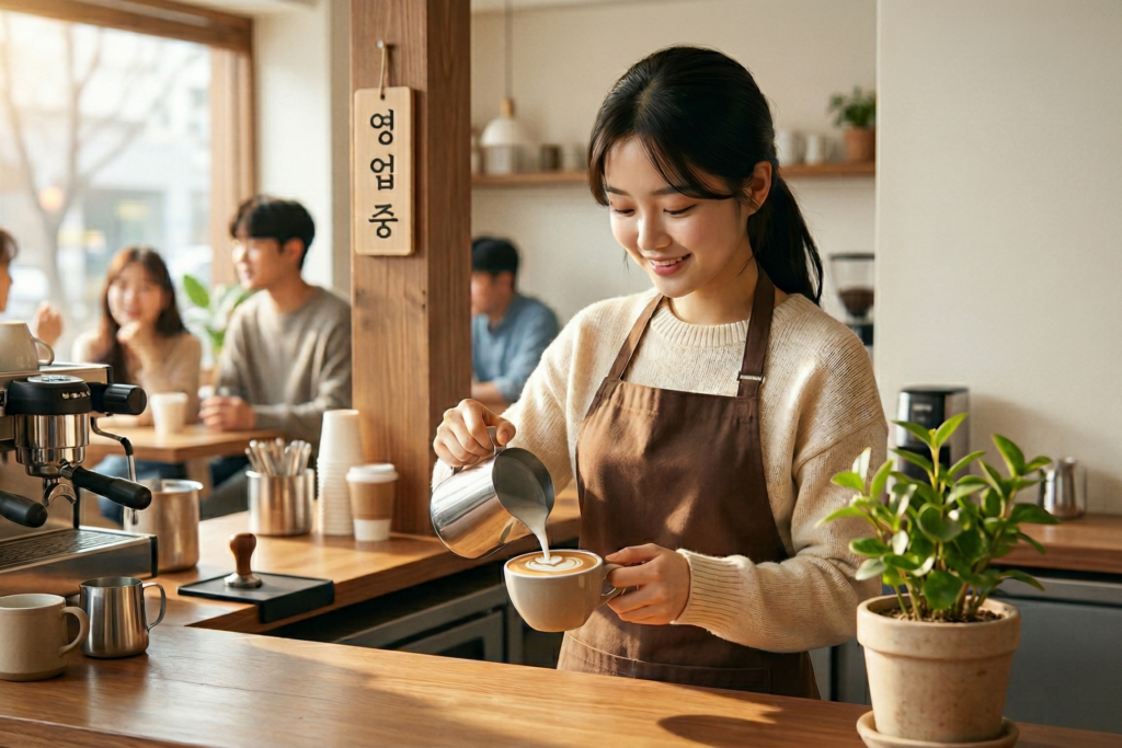 따뜻한 분위기의 카페에서 갈색 앞치마를 두른 아르바이트생이 미소를 지으며 정성스럽게 라떼 아트를 만들고 있는 이미지