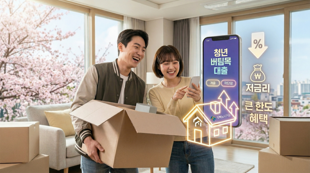 청년 전용 버팀목 전세자금대출 한도 및 금리 혜택 1 밝고 현대적인 아파트 거실에서 이삿짐 상자를 정리하며 행복해하는 젊은 한국인 청년 커플. 여성이 상자를 옮기며 웃고 있고, 남성이 스마트폰을 보여줍니다. 스마트폰 화면에는 '청년 버팀목 대출' 앱과 함께 '연 1%대 저금리', '최대 2억 원' (기호로 대체) 혜택이 강조되어 있습니다. 커플 옆에는 '집' 모양 조형물과 부유하는 '%' 기호, 돈 상자 아이콘들이 떠 있어 금융 혜택을 직관적으로 보여줍니다.