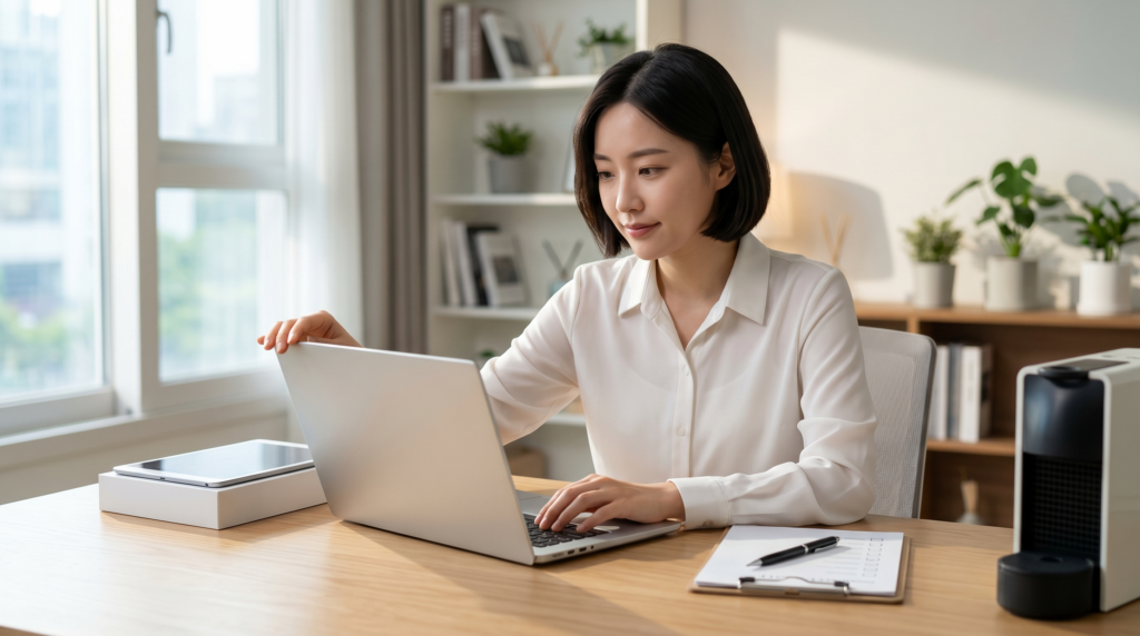 책상에 앉아 노트북으로 작업하며 화면을 만지는 여성의 모습