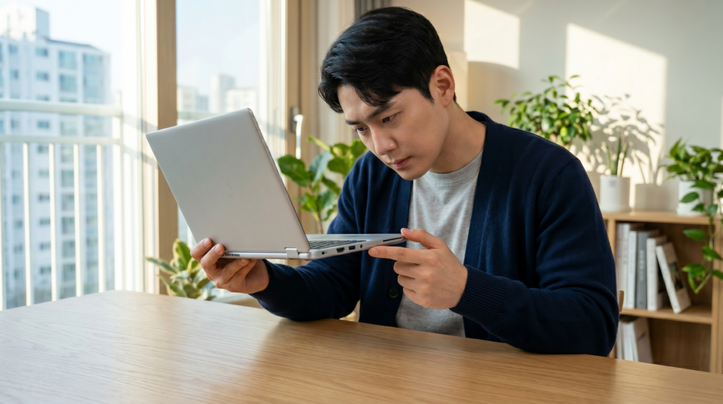 책상에 앉아 중고 노트북의 외관과 힌지 상태를 꼼꼼하게 점검하고 있는 남성의 모습