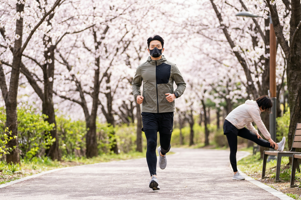 봄철 달리기 가이드: 미세먼지 대응법과 부상 예방 수칙 1 벚꽃이 핀 공원 산책로에서 야외용 스포츠 마스크를 착용하고 달리는 남성 러너와 옆 벤치에서 스트레칭을 하는 사람의 모습