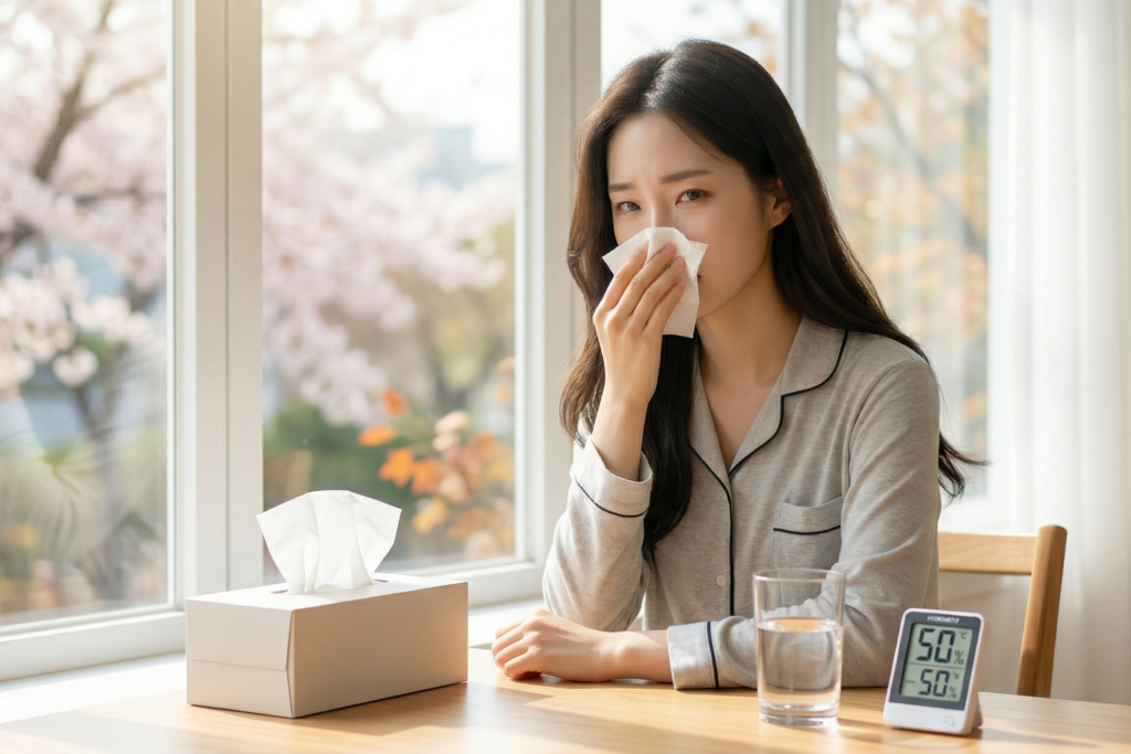 봄날 창가에서 티슈를 쥐고 코를 훌쩍이는 젊은 여성과 테이블 위 물 잔, 습도계
