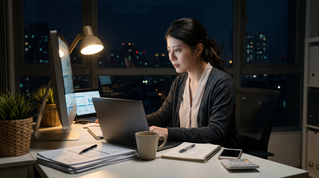공짜 야근 사라질까? 포괄임금제 폐지 논란과 연장근로수당 제대로 계산하는 법 1 밤늦게 화이트 책상 앞에 앉아 집중하며 업무를 보고 있는 동양인 여성. 회색 가디건과 베이지색 블라우스를 입고 있으며, 책상 위에는 데이터 차트가 띄워진 모니터와 노트북이 놓여 있다. 따뜻한 색감의 데스크 조명이 주변을 밝히고 있으며 스프링 노트, 커피 머그잔, 스마트폰, 계산기, 서류 뭉치가 놓여 있다. 창밖으로는 반짝이는 도시의 야경이 보인다.
