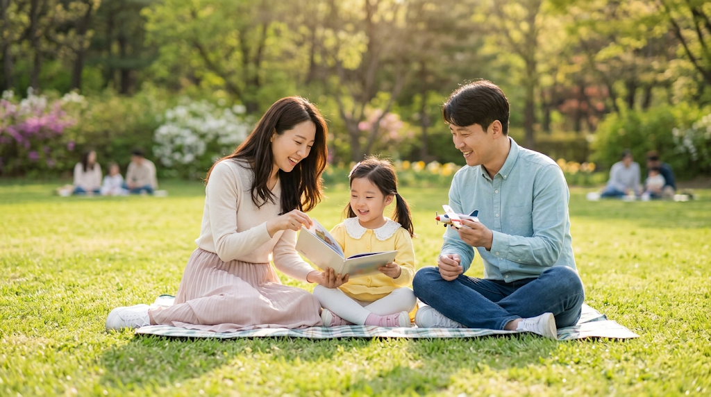 따뜻한 햇살 아래 봄꽃이 만개한 한적한 잔디 위에서 돗자리를 깔고 앉아 행복하게 이야기하고 있는 어린아이와 부모의 모습