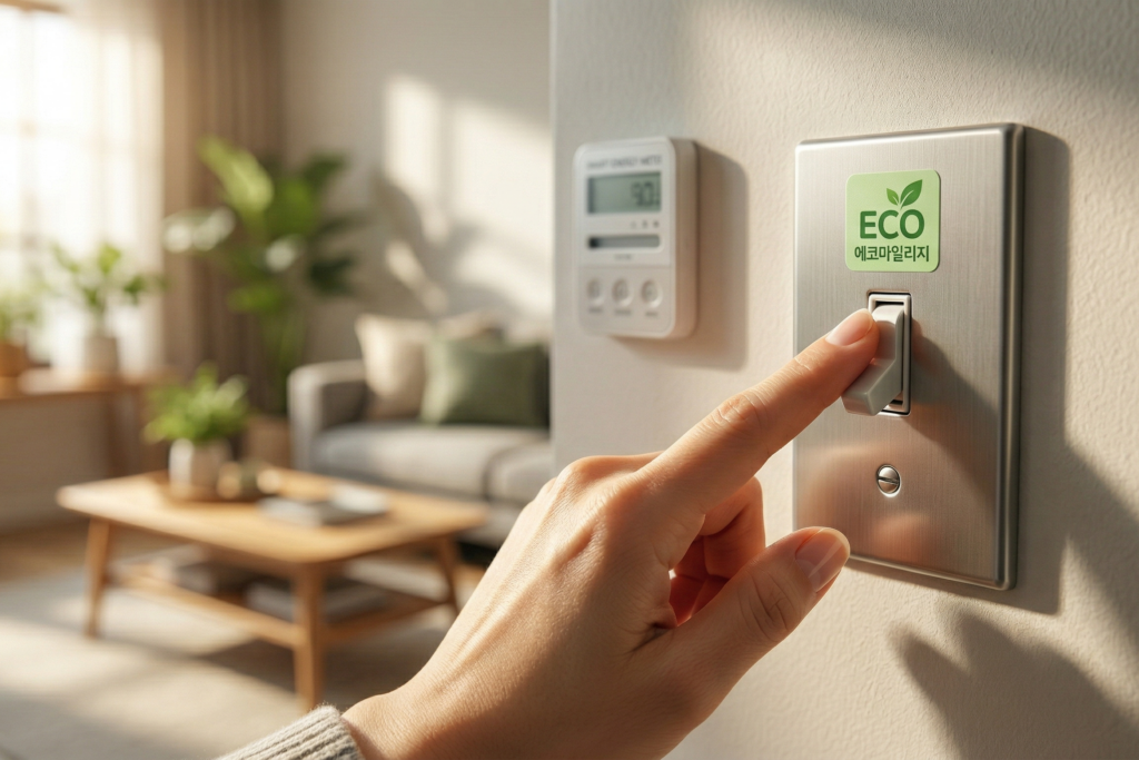 따뜻한 자연광이 비치는 가정집 거실 벽면에서, '에코마일리지' 스티커가 붙은 전기 스위치를 끄는 사람의 손과 그 옆의 스마트 에너지 미터기