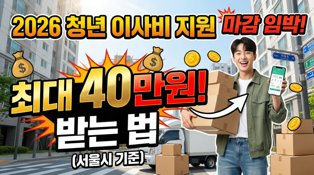 2026년 서울시 청년 이사비 지원사업 마감 임박을 알리는 썸네일. 오른쪽에는 젊은 남성이 이삿짐 박스를 들고 스마트폰을 보여주며 웃고 있다. 중앙에는 크고 노란색과 빨간색으로 "최대 40만원!"이라는 텍스트가 돈주머니와 동전 아이콘과 함께 강조되어 있다. 상단에는 노란색으로 "2026 청년 이사비 지원"과 빨간색으로 "마감 임박!"이라는 텍스트가 있다. 아래에는 흰색으로 "받는 법"과 "(서울시 기준)"이라는 텍스트가 있다. 배경은 서울의 아파트 단지와 거리다.