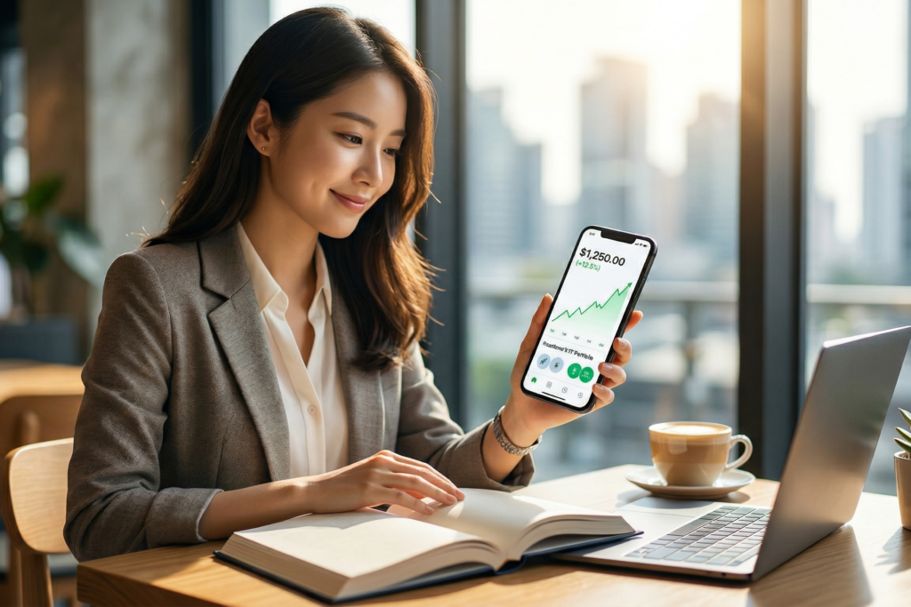 새내기를 위한 첫 투자 가이드: 소액으로 시작하는 실전 재테크 기초 1 카페에서 스마트폰 주식 그래프를 확인하며 웃고 있는 여성과 테이블 위 노트북, 책, 커피