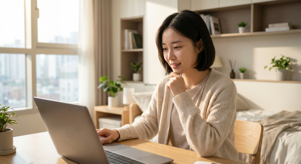 채광이 좋은 현대적인 한국의 원룸에서 크림색 니트 카디건을 입은 20대 여성이 원목 책상에 앉아 노트북을 사용하고 있다. 그녀는 왼손으로 턱을 괴고 흐릿한 노트북 화면을 바라보며 미소를 짓고 있다. 창밖으로 도시 풍경이 보이며, 책상 위와 뒤쪽 선반에는 여러 식물과 소품들이 놓여 있다.
