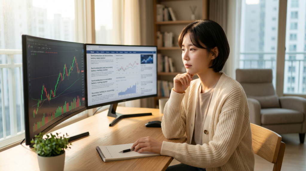 햇살이 비치는 밝고 현대적인 방에서 크림색 카디건을 입은 한국인 여성이 책상 앞 듀얼 모니터에 표시된 주식 차트를 진지하게 응시하고 있습니다. 여성은 왼손으로 턱을 괸 채 신중한 표정을 짓고 있으며, 책상 위에는 노트북과 필기도구가 가지런히 놓여 있는 모습입니다.